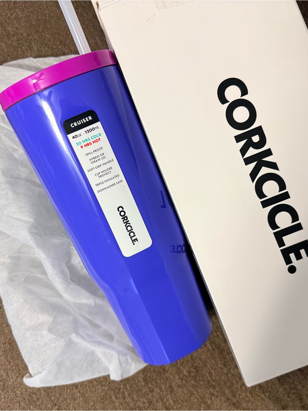 Corkcicle Cruiser Tumbler (80’s Windbreaker) in Vibrant Purple with Pink Lid